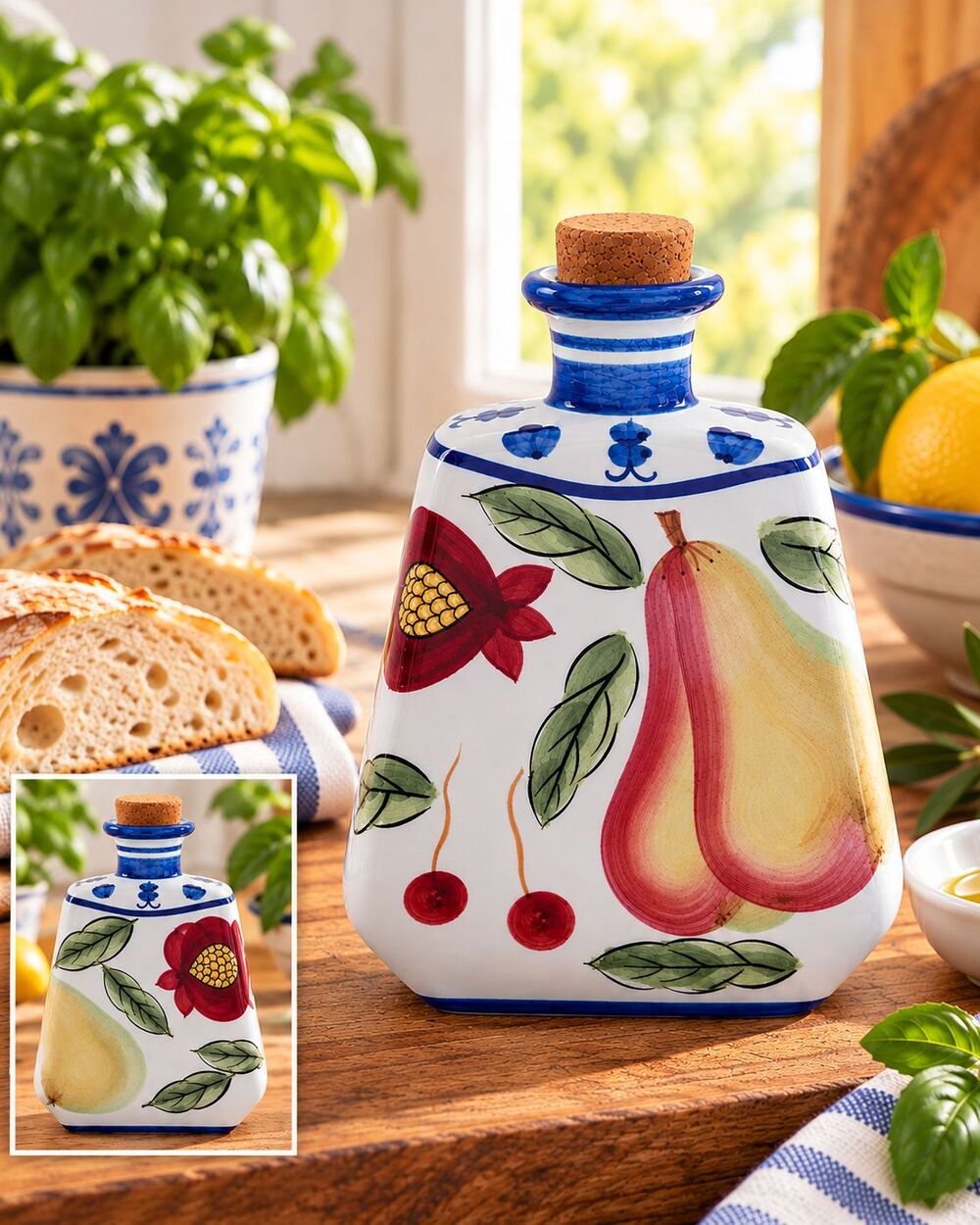 Jay Import Company Hand Painted Ceramic Fruit Bottle Cork Stopper 9"- 4 cups